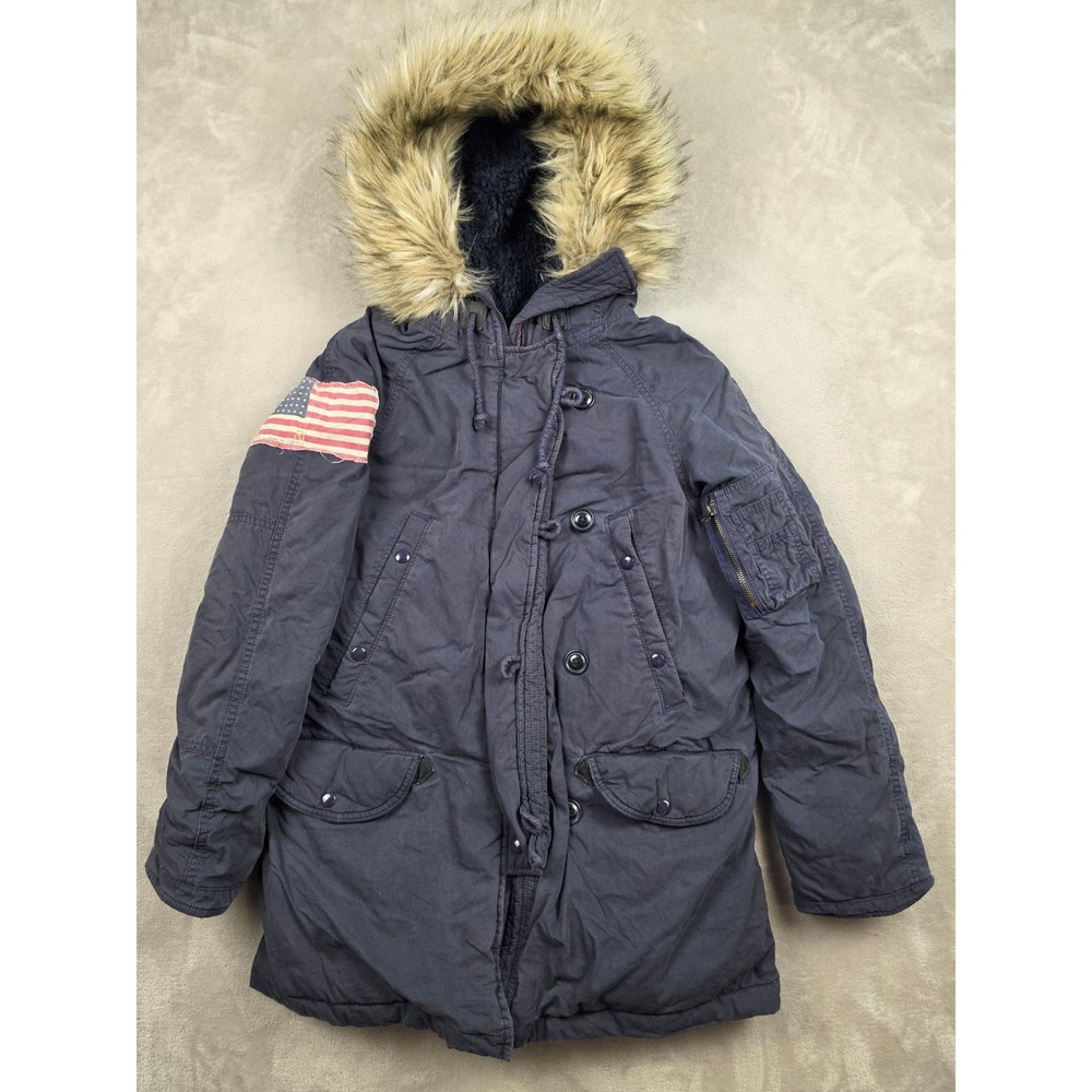Denim & Supply Ralph Lauren‎ Military Parka Coat Women M Blue Faux Fur Down Fill
